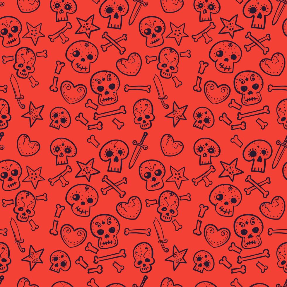 pattern with skulls and hearts, bones and daggers, vector seamless background