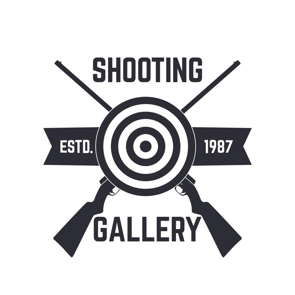 plantilla de logotipo de la galería de tiro, cartel con rifles cruzados, rifles de caza y objetivo, aislado en blanco, ilustración vectorial vector