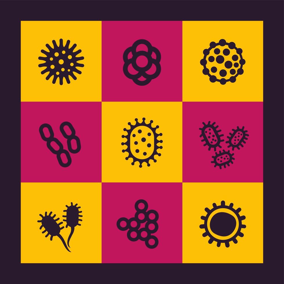 bacteria, microbes and viruses icons, microbiology pictograms set vector
