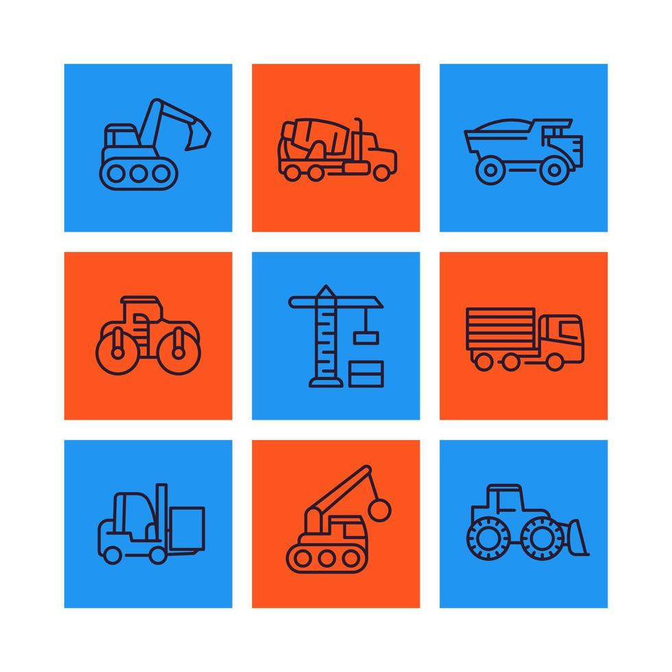 construction vehicles line icons set, heavy machines, digger, truck, excavator, loader vector signs