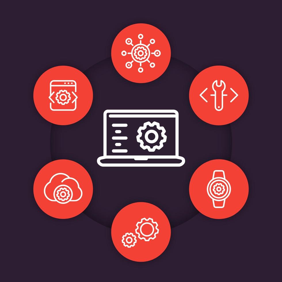 development, engineering, configuration line icons set, settings, installation symbols vector