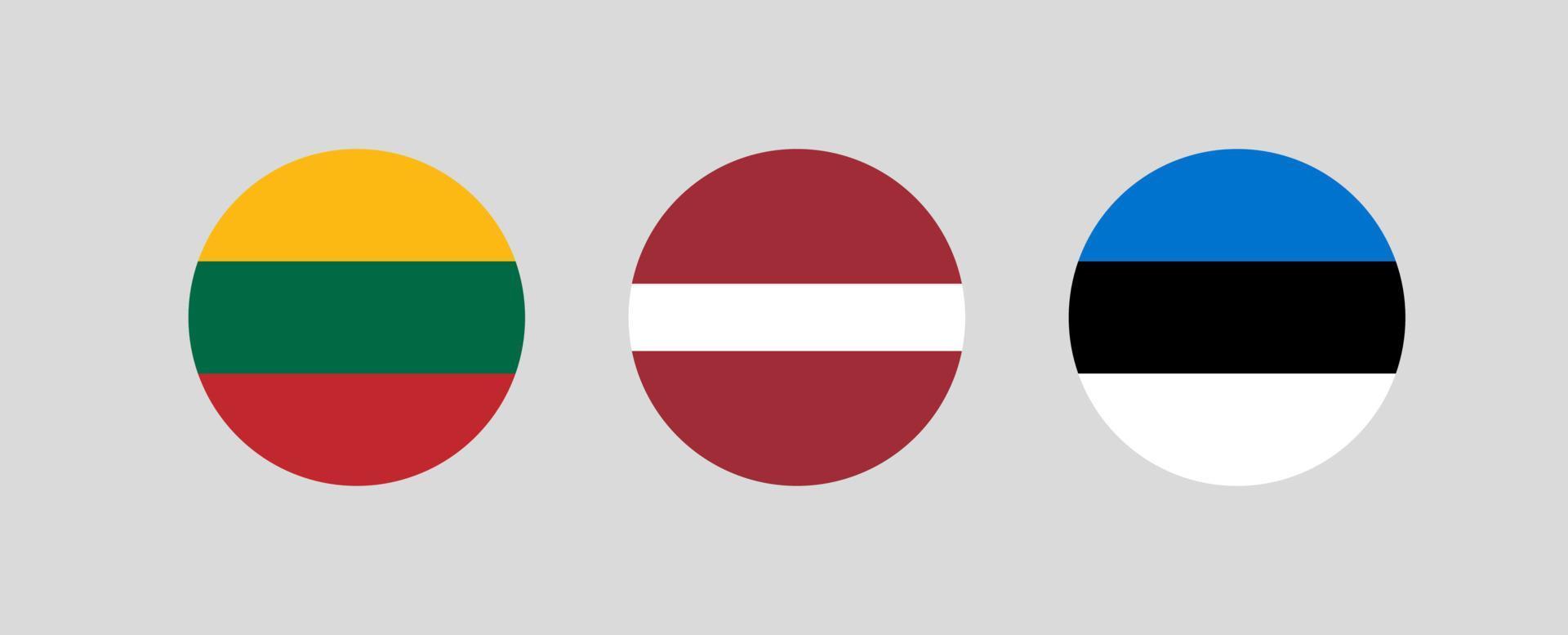 Vector illustration of Baltic countries flags in circle shape on light gray background. Flag symbol of Lithuania, Latvia and Estonia