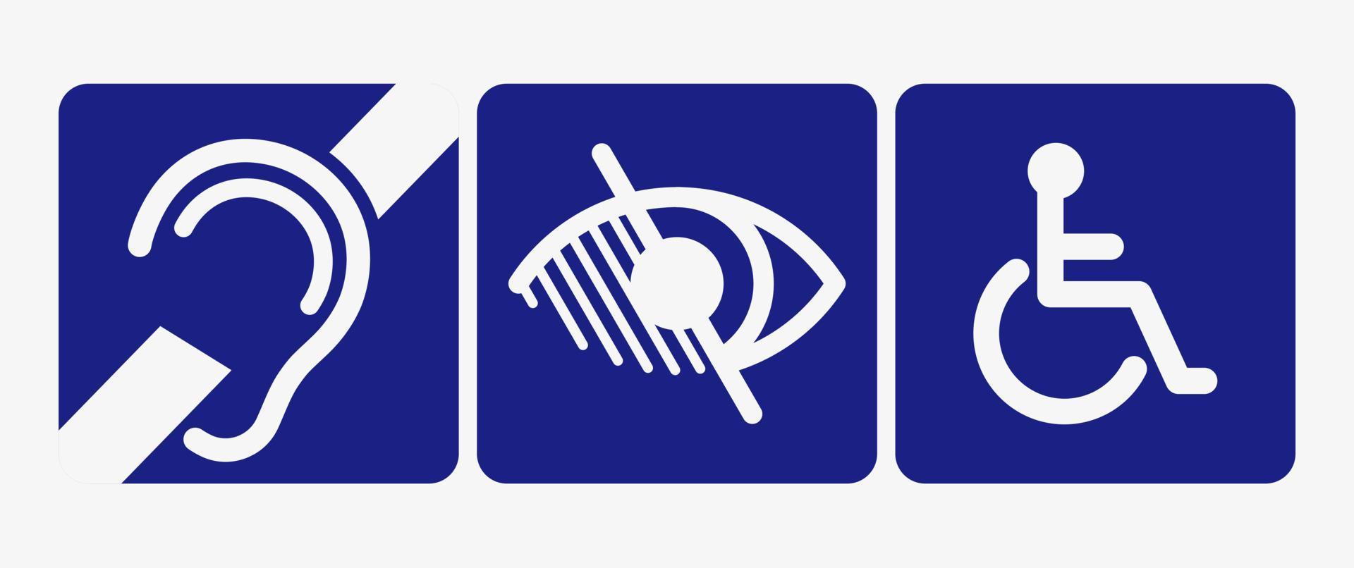 Disabled person signs. blindness deafness, wheelchair vector icon