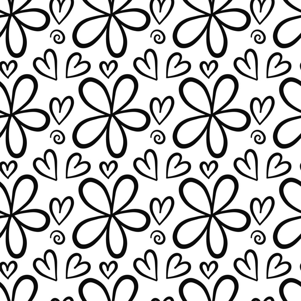 patrón de dibujo de línea de garabato de corazones florales vector