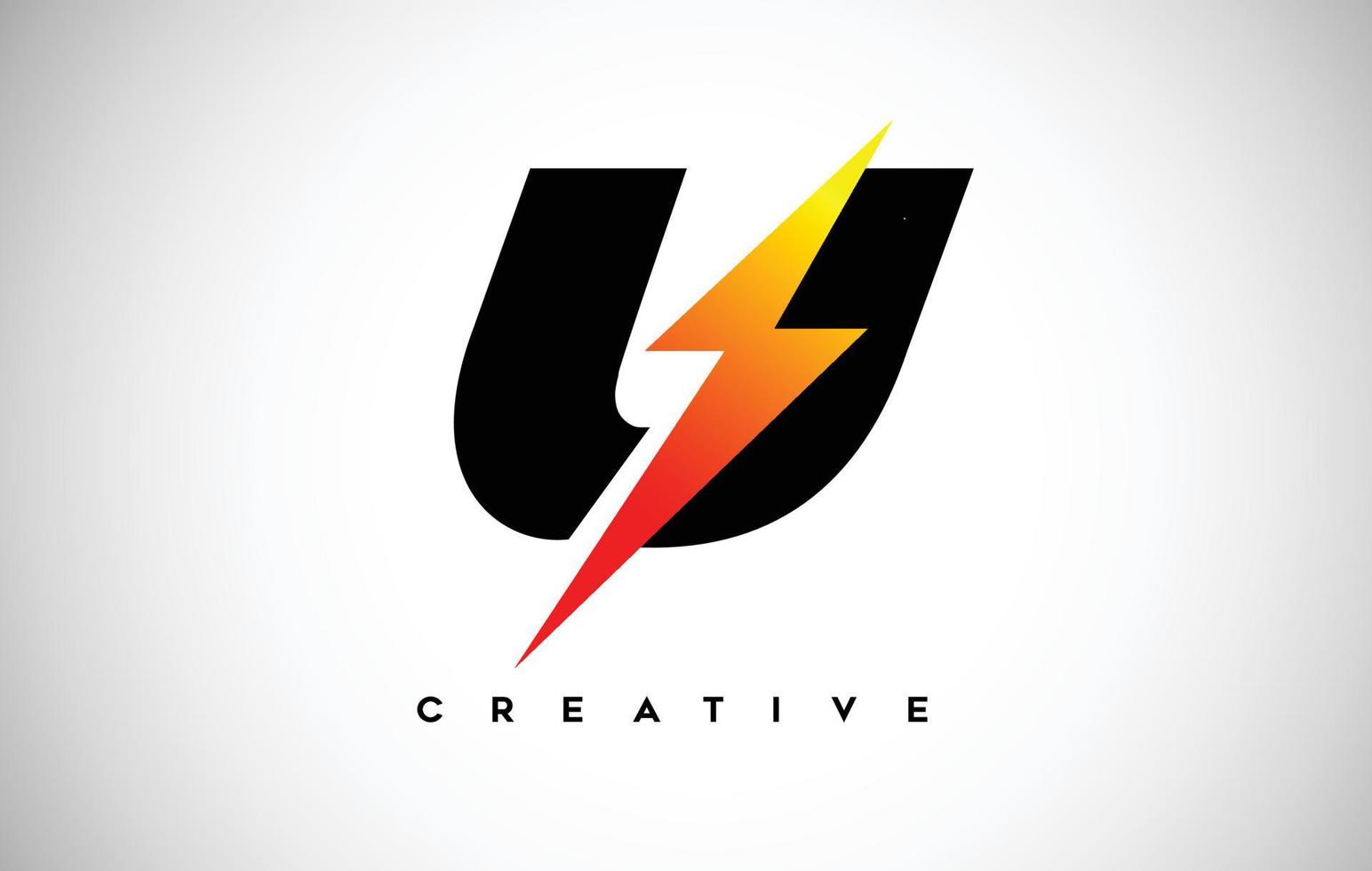 Letter U Thunderbolt Logo Concept with Black Letter and Orange Yellow Thunder. vector