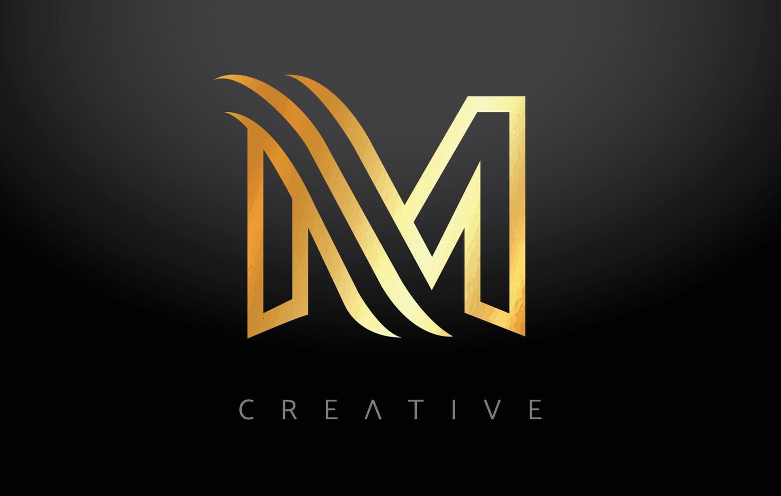 concepto de letra m dorada con monograma de líneas y vector de aspecto creativo metálico