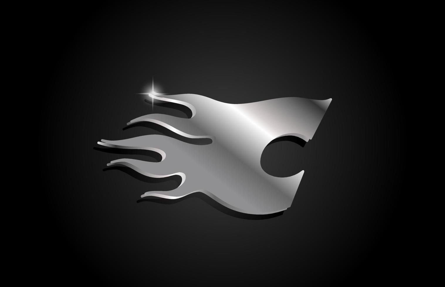 metal grey alphabet letter C icon logo design. Creative template for business with metallic style and flames vector