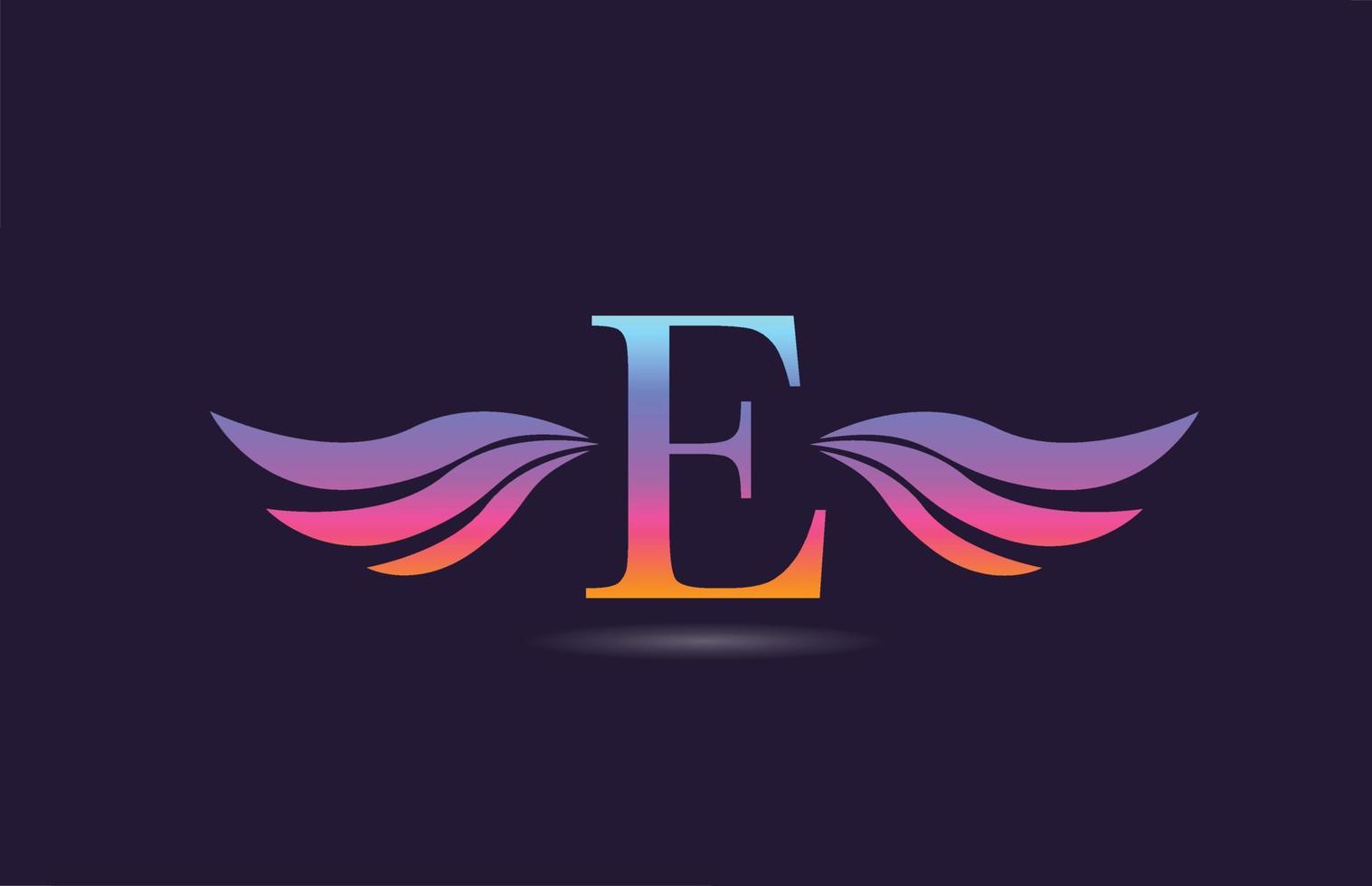 Diseño colorido del icono del logotipo de la letra del alfabeto e con alas. plantilla creativa para empresas y negocios en amarillo rosa vector