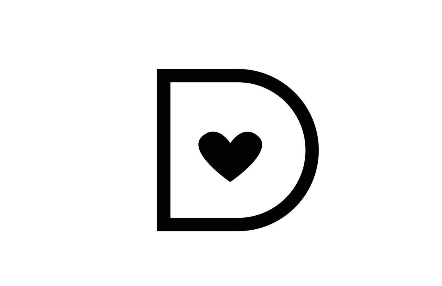 D love heart alphabet letter icon logo with black and white color ...