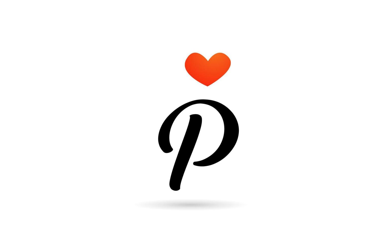 diseño del logotipo del icono de la letra del alfabeto p escrito a mano. plantilla creativa para negocios con corazón de amor vector