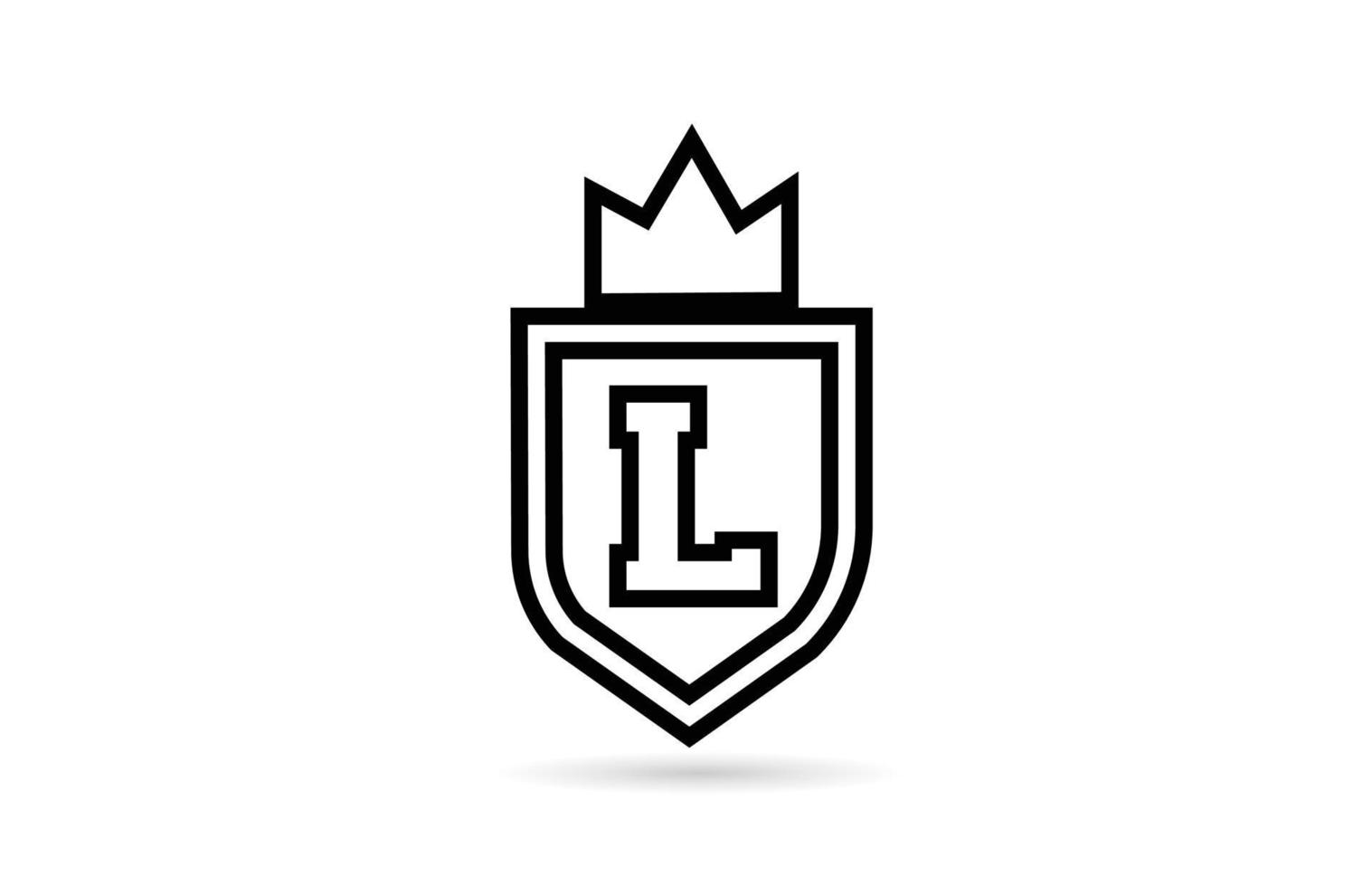 black and white L alphabet letter icon logo with shield and king crown line design. Creative template for business and company vector