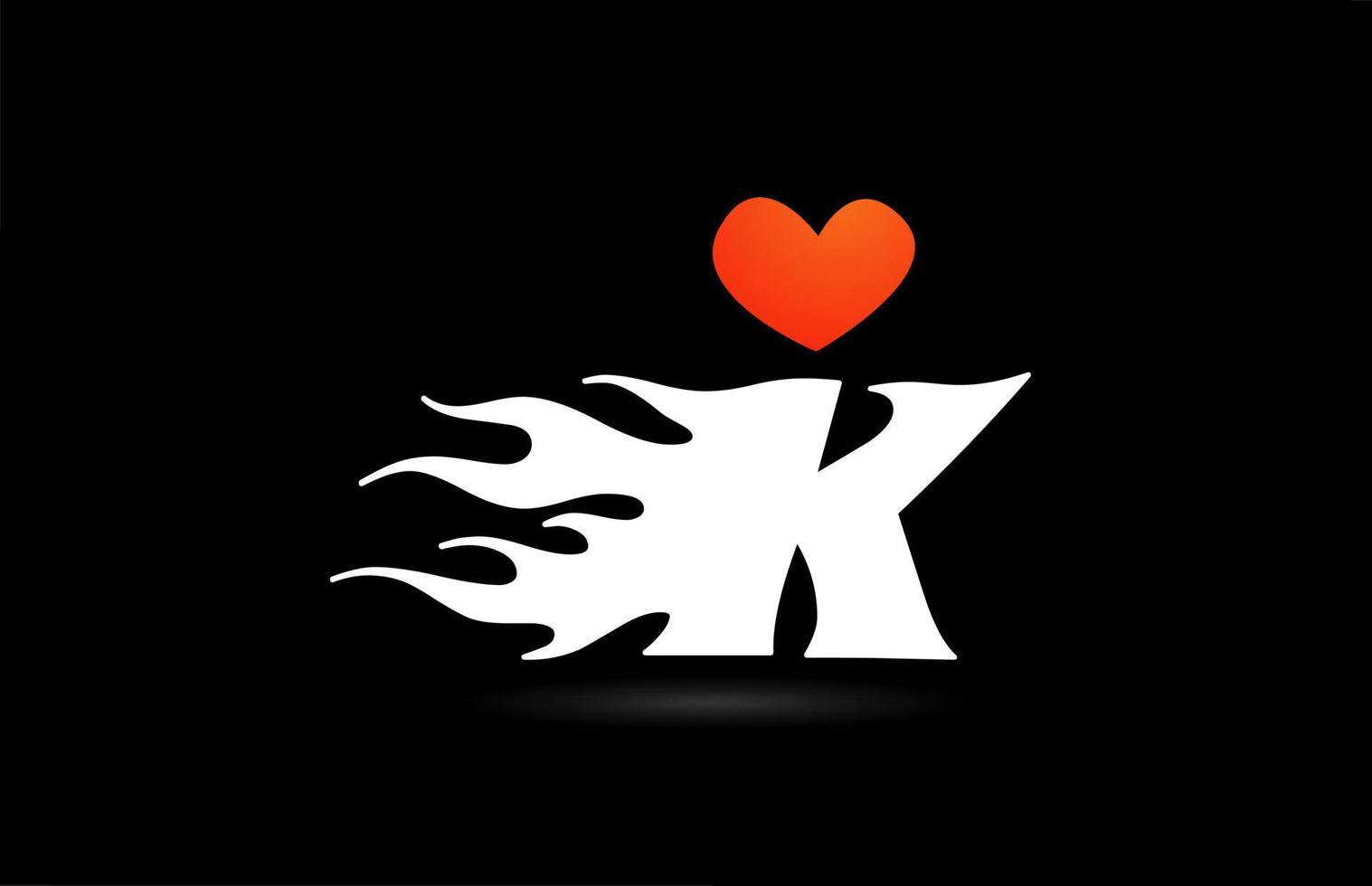 diseño del logotipo del icono de la letra del alfabeto k. plantilla creativa para negocios con amor corazón llamas vector