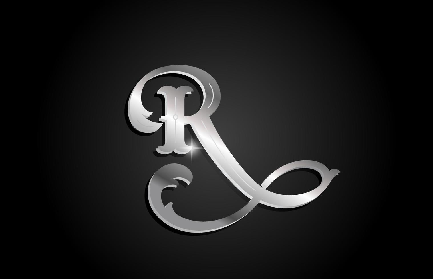 Silver metal R alphabet letter icon logo design. Creative template for business or company with grey color vector