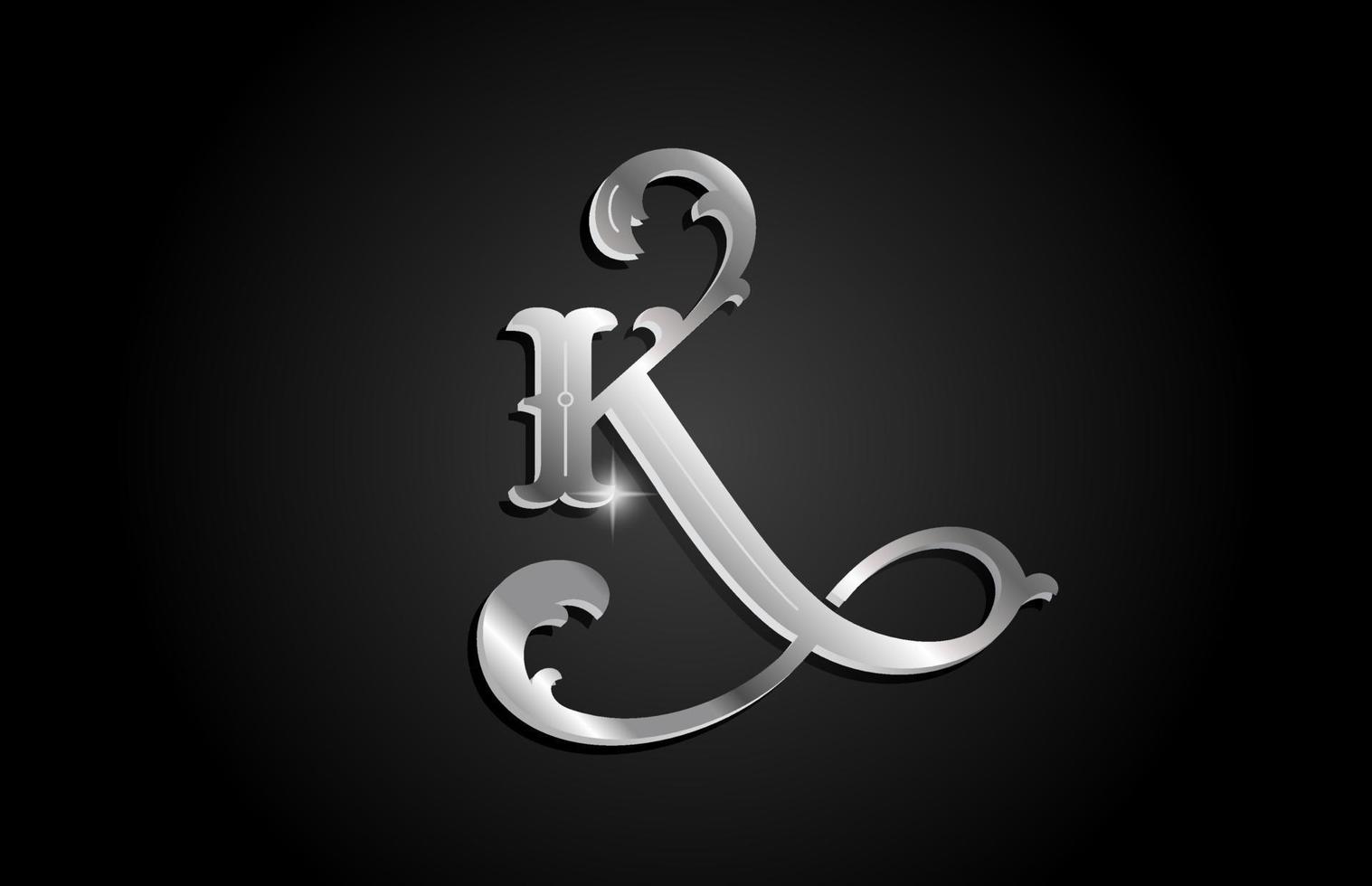 Silver metal K alphabet letter icon logo design. Creative template for business or company with grey color vector