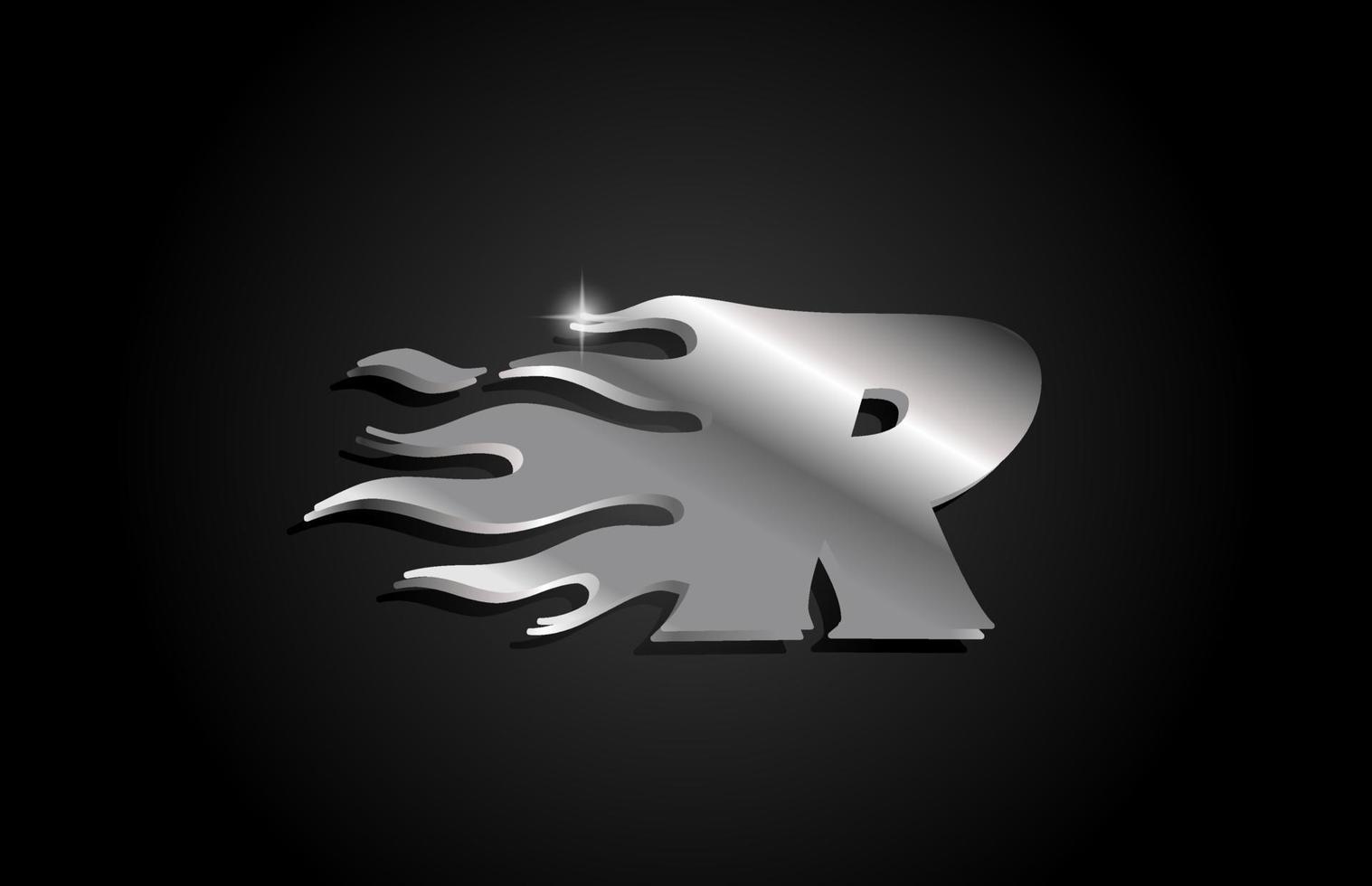 Diseño de logotipo de icono de letra r del alfabeto gris metálico. plantilla creativa para negocios con estilo metálico y llamas vector
