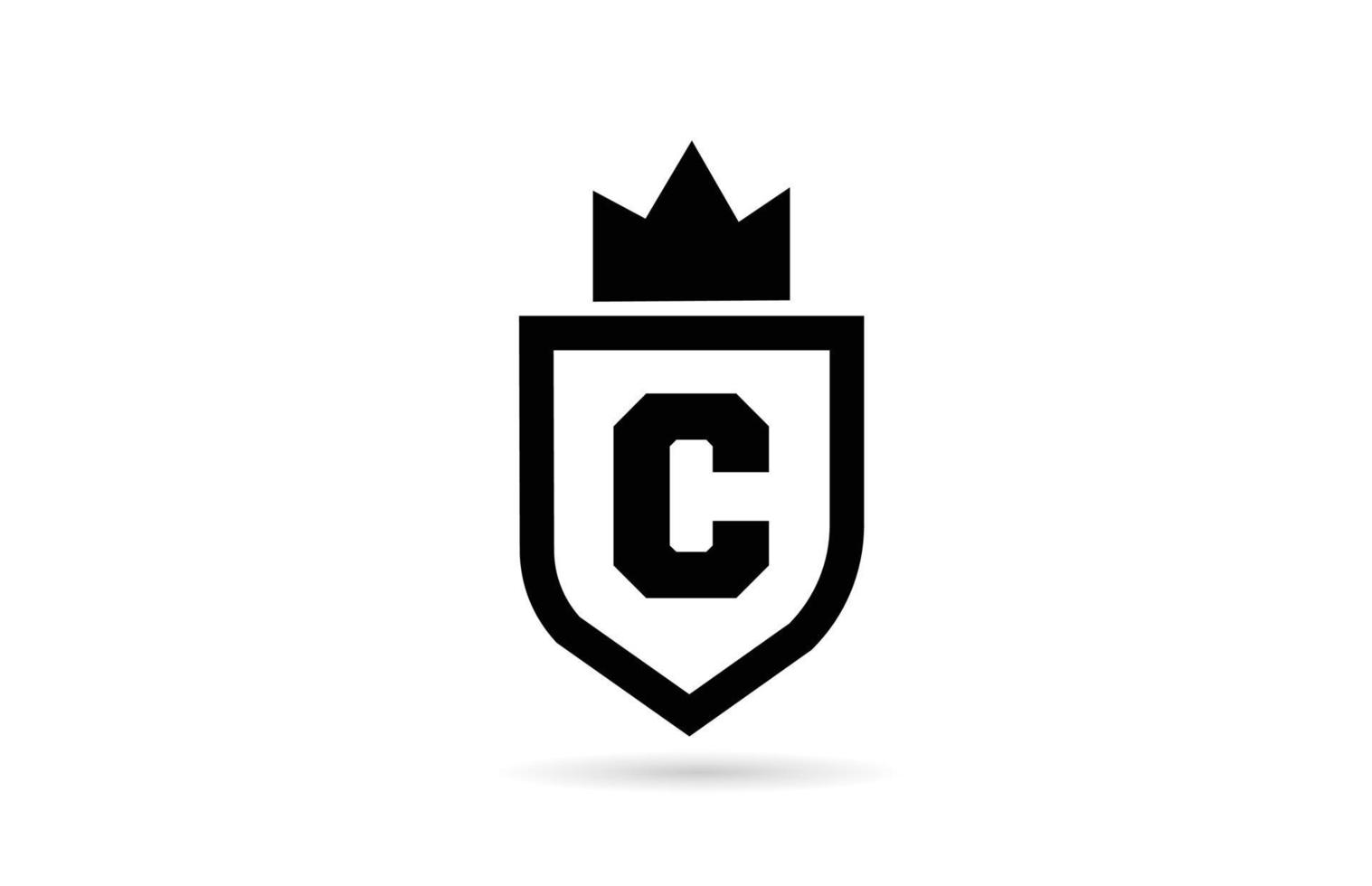 black and white C alphabet letter icon logo with shield and king crown design. Creative template for business and company vector