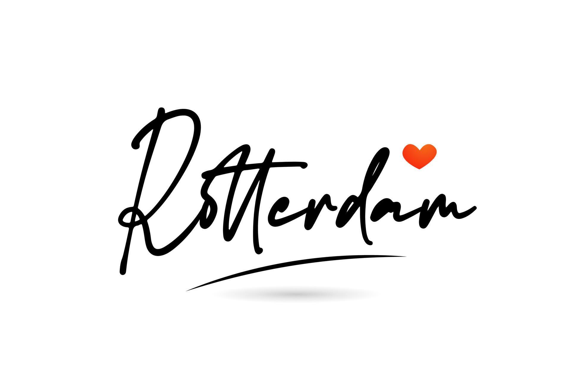 Rotterdam city text with red love heart design. Typography handwritten