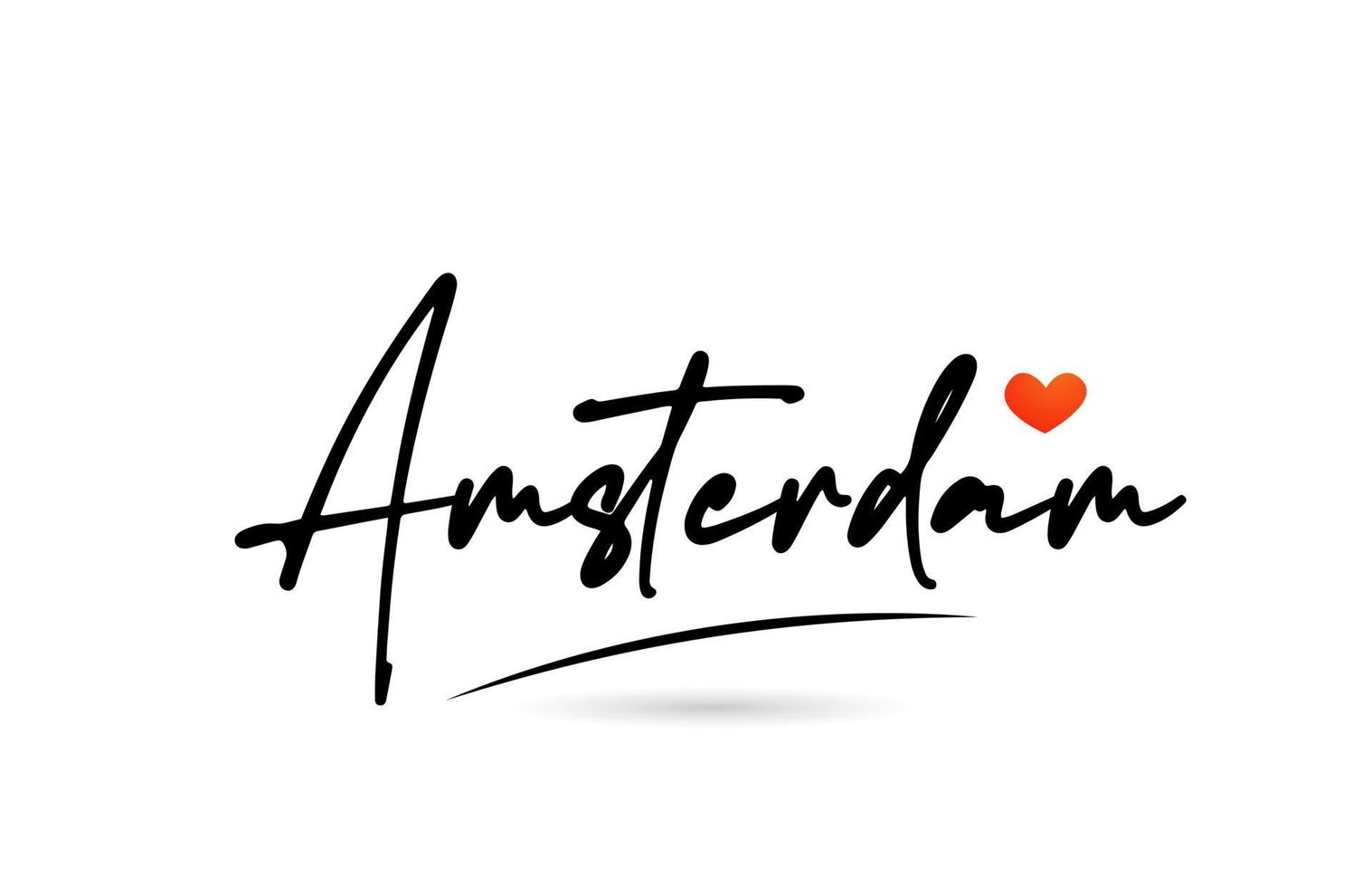 Amsterdam city text with red love heart design.  Typography handwritten design icon vector