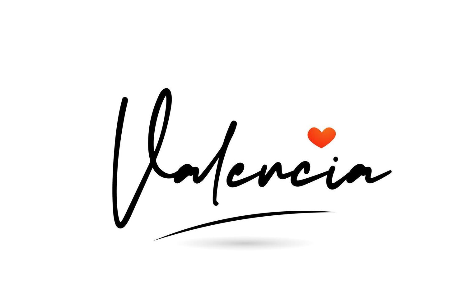 Valencia city text with red love heart design.  Typography handwritten design icon vector