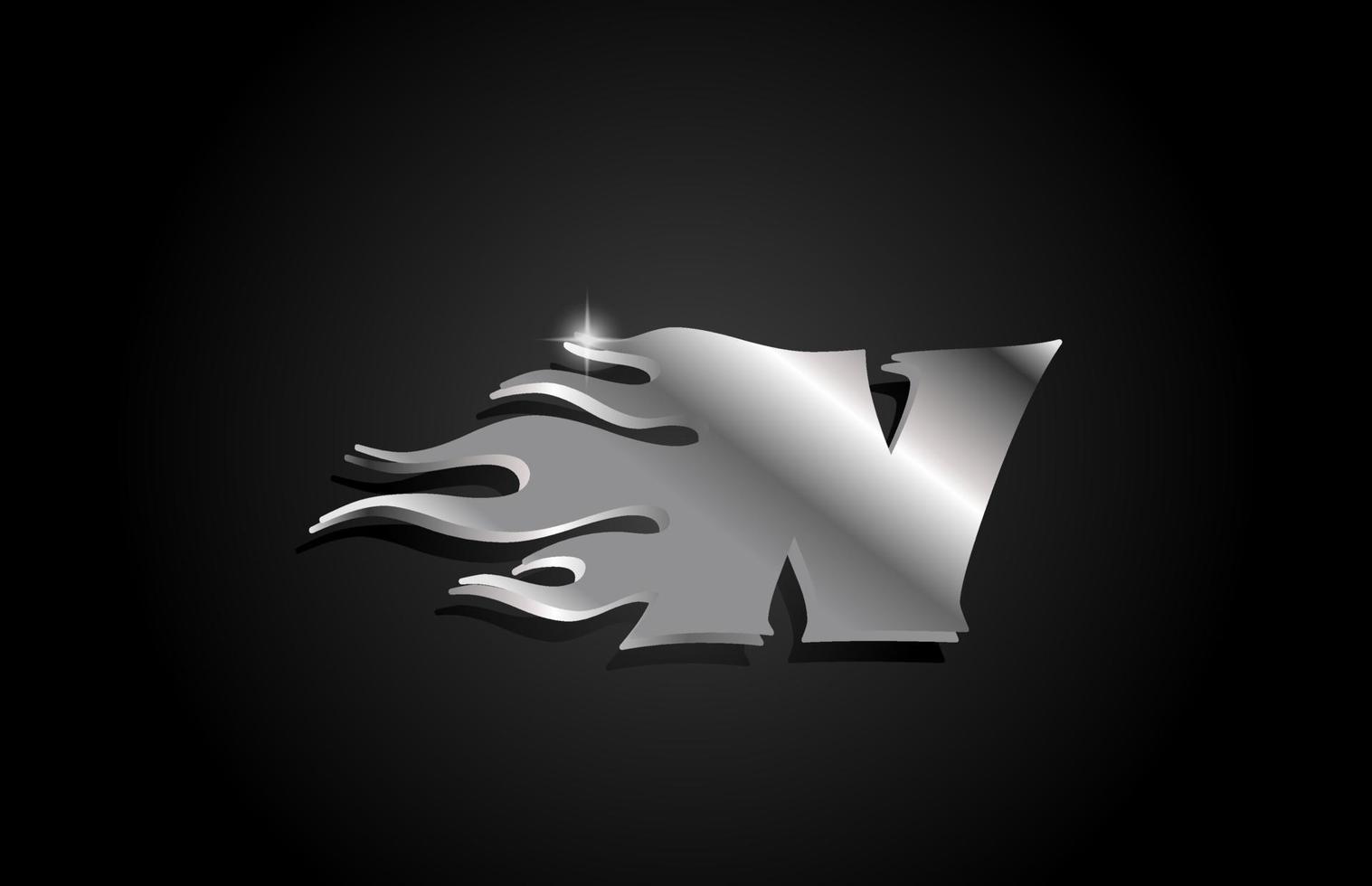 metal grey alphabet letter N icon logo design. Creative template for business with metallic style and flames vector