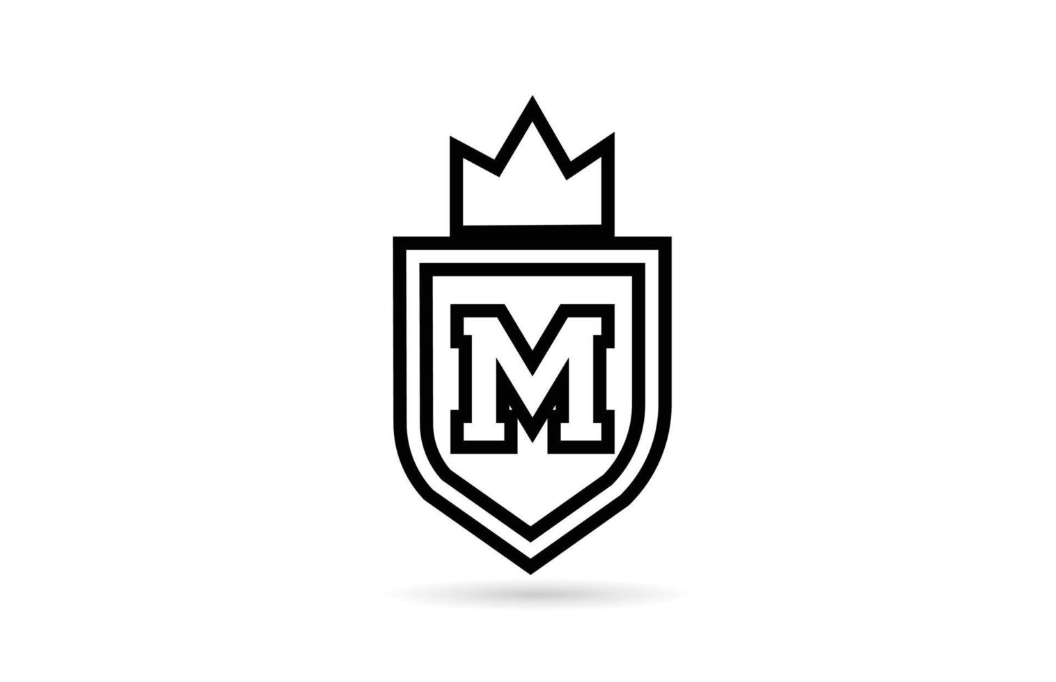 logotipo de icono de letra m en blanco y negro con escudo y diseño de línea de corona de rey. plantilla creativa para negocios y empresas. vector