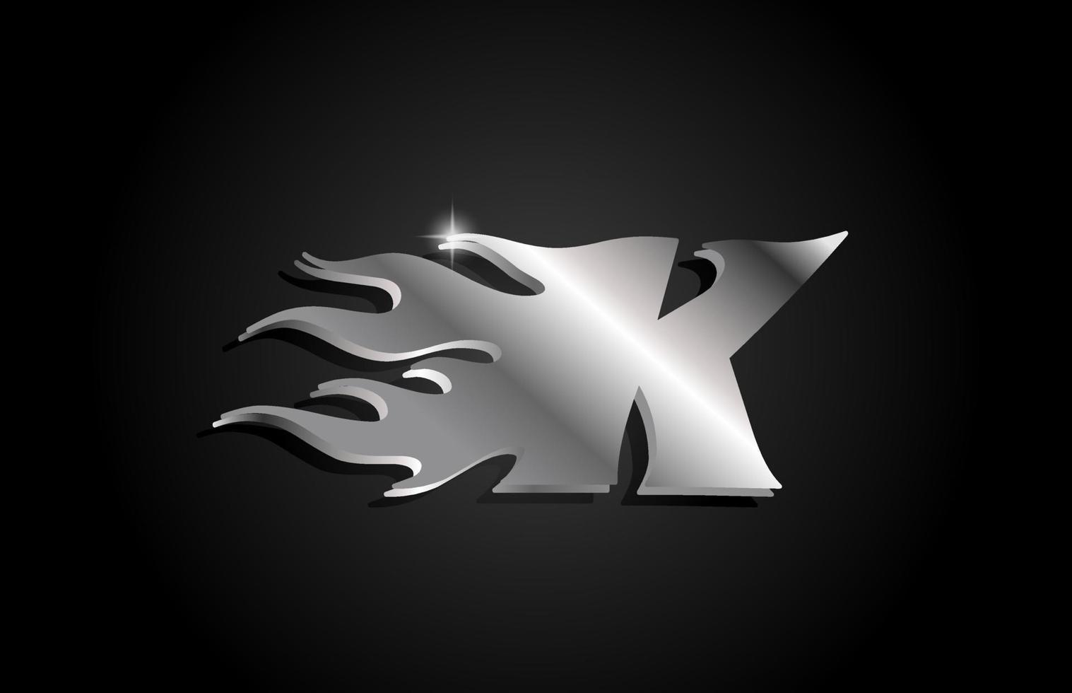 Diseño de logotipo de icono de letra k del alfabeto gris metálico. plantilla creativa para negocios con estilo metálico y llamas vector