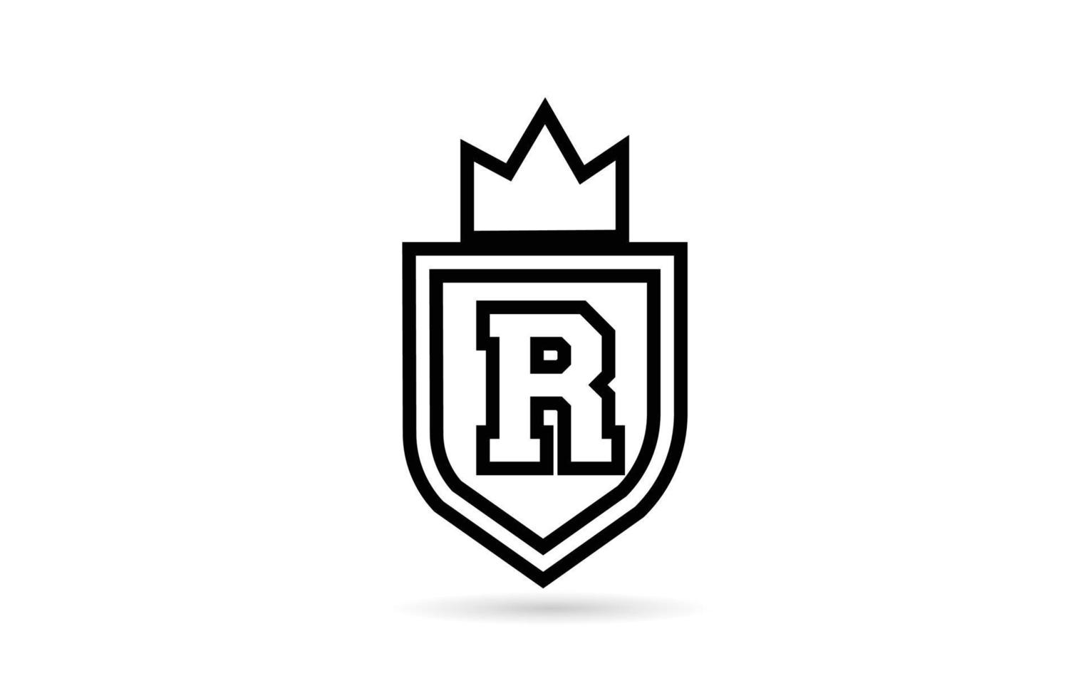 black and white R alphabet letter icon logo with shield and king crown line design. Creative template for business and company vector