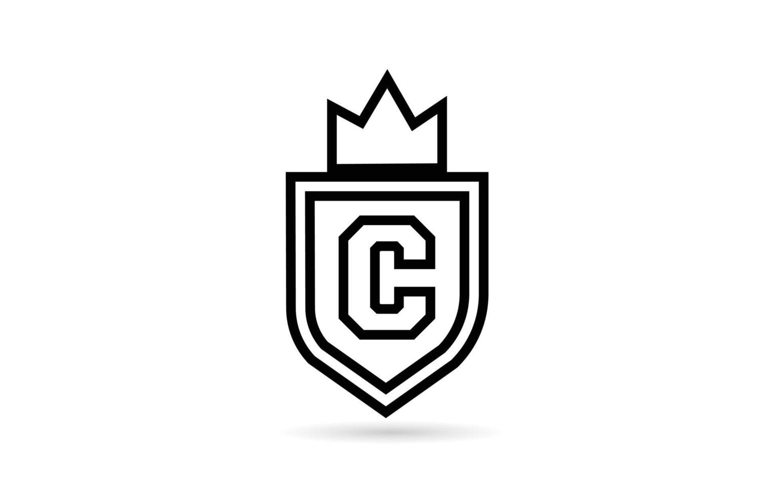 black and white C alphabet letter icon logo with shield and king crown line design. Creative template for business and company vector