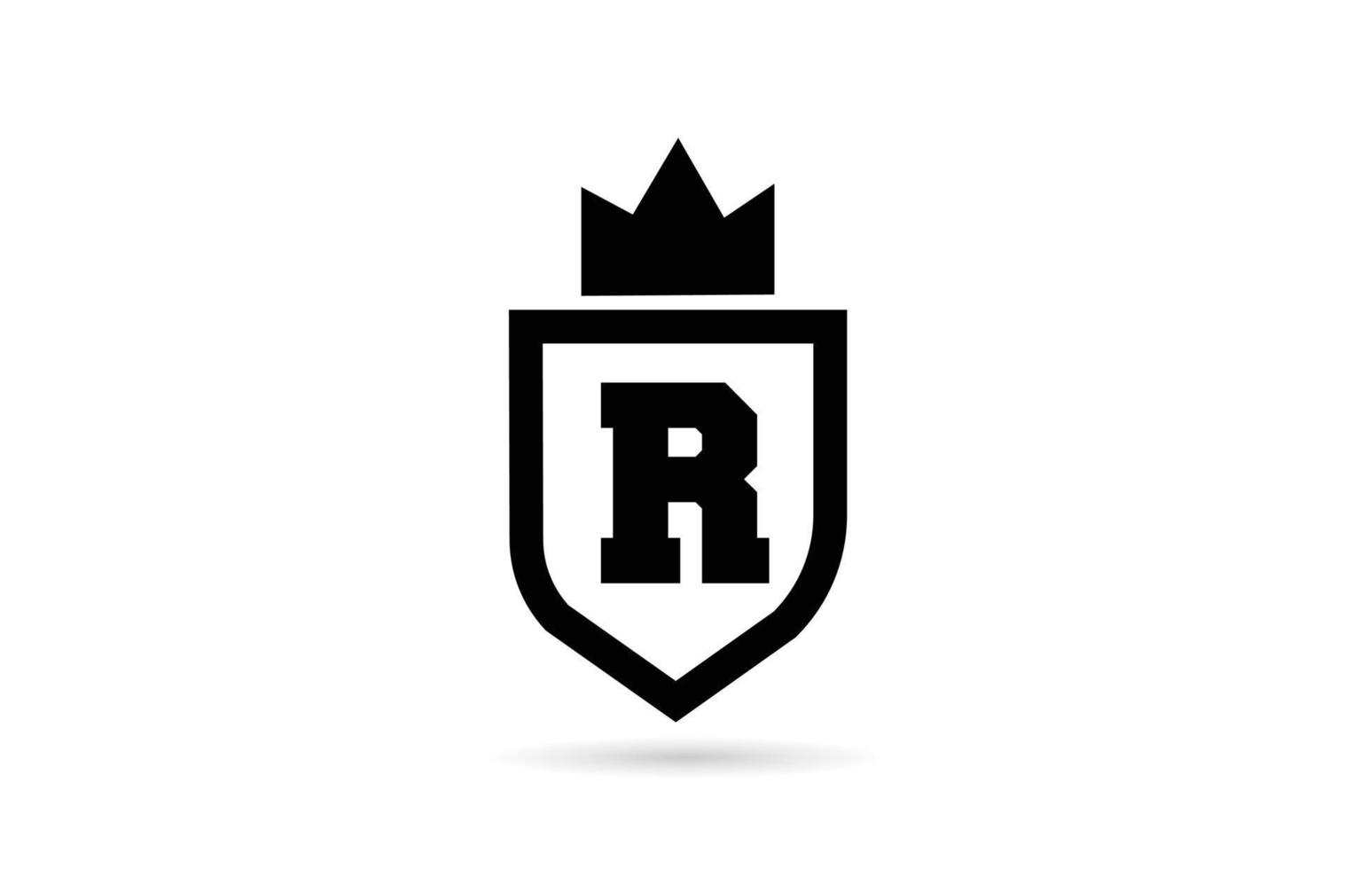 black and white R alphabet letter icon logo with shield and king crown design. Creative template for business and company vector