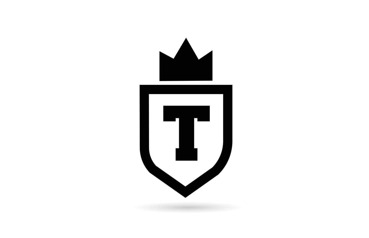 black and white T alphabet letter icon logo with shield and king crown design. Creative template for business and company vector