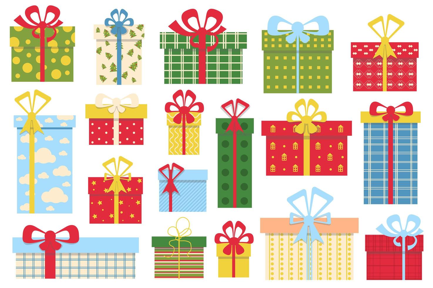 colección de concepto de cajas de regalo en diseño de dibujos animados planos. diferentes tipos de cajas de regalo y regalos en papel de regalo estampado establecen elementos aislados. celebrar navidad o cumpleaños. ilustración vectorial vector