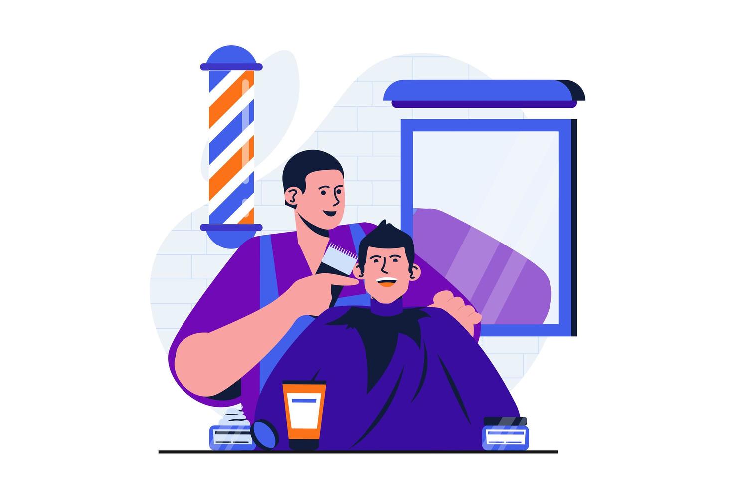 concepto plano moderno de barbería para diseño de banner web. peluquero profesional haciendo corte de pelo corto y peinando a un cliente masculino feliz en estudio con espejo. ilustración vectorial con escena de personas aisladas vector