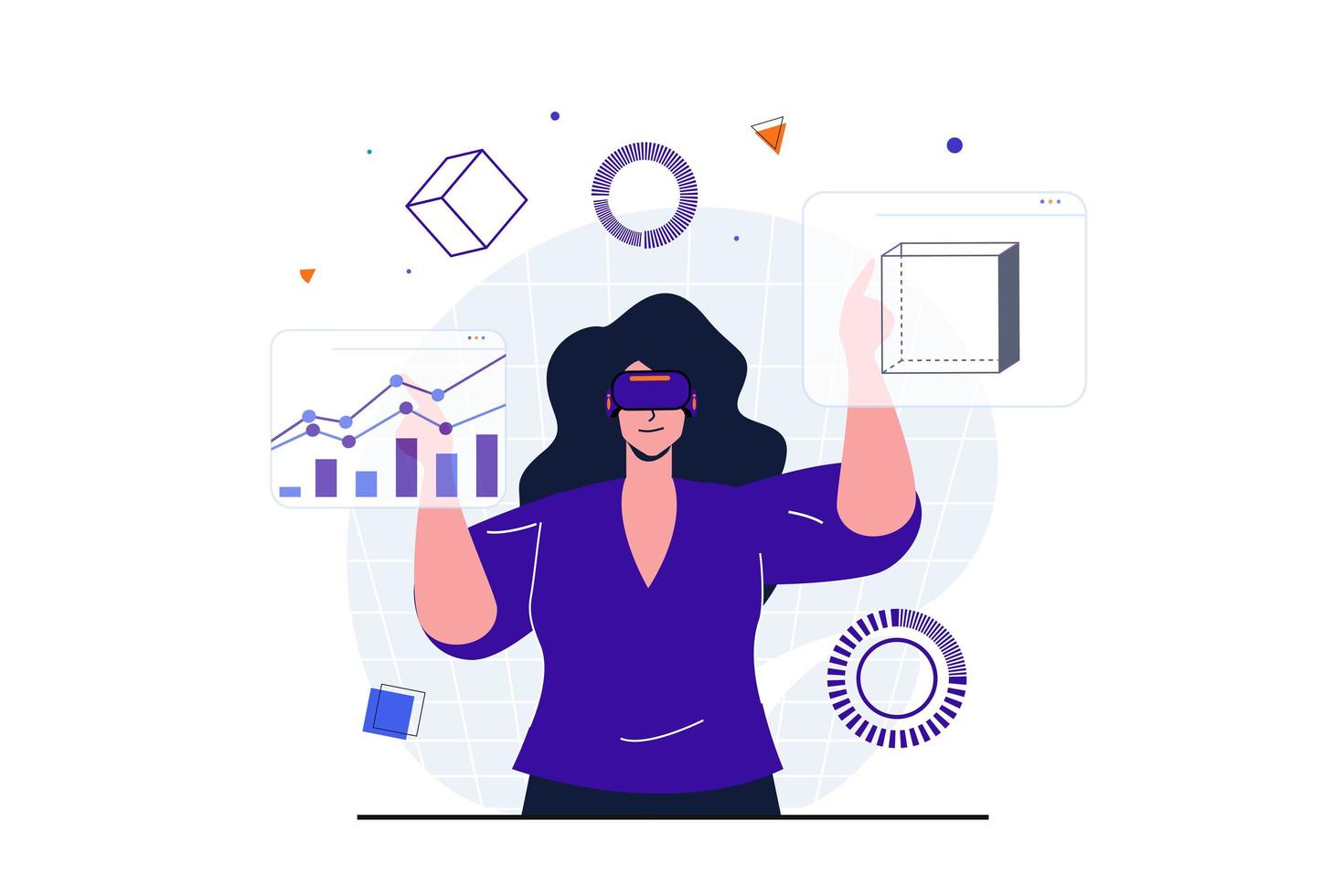 Cyberspace modern flat concept for web banner design. Woman in VR glasses interacts data graphs and doing scientific research in simulated dashboard. Vector illustration with isolated people scene