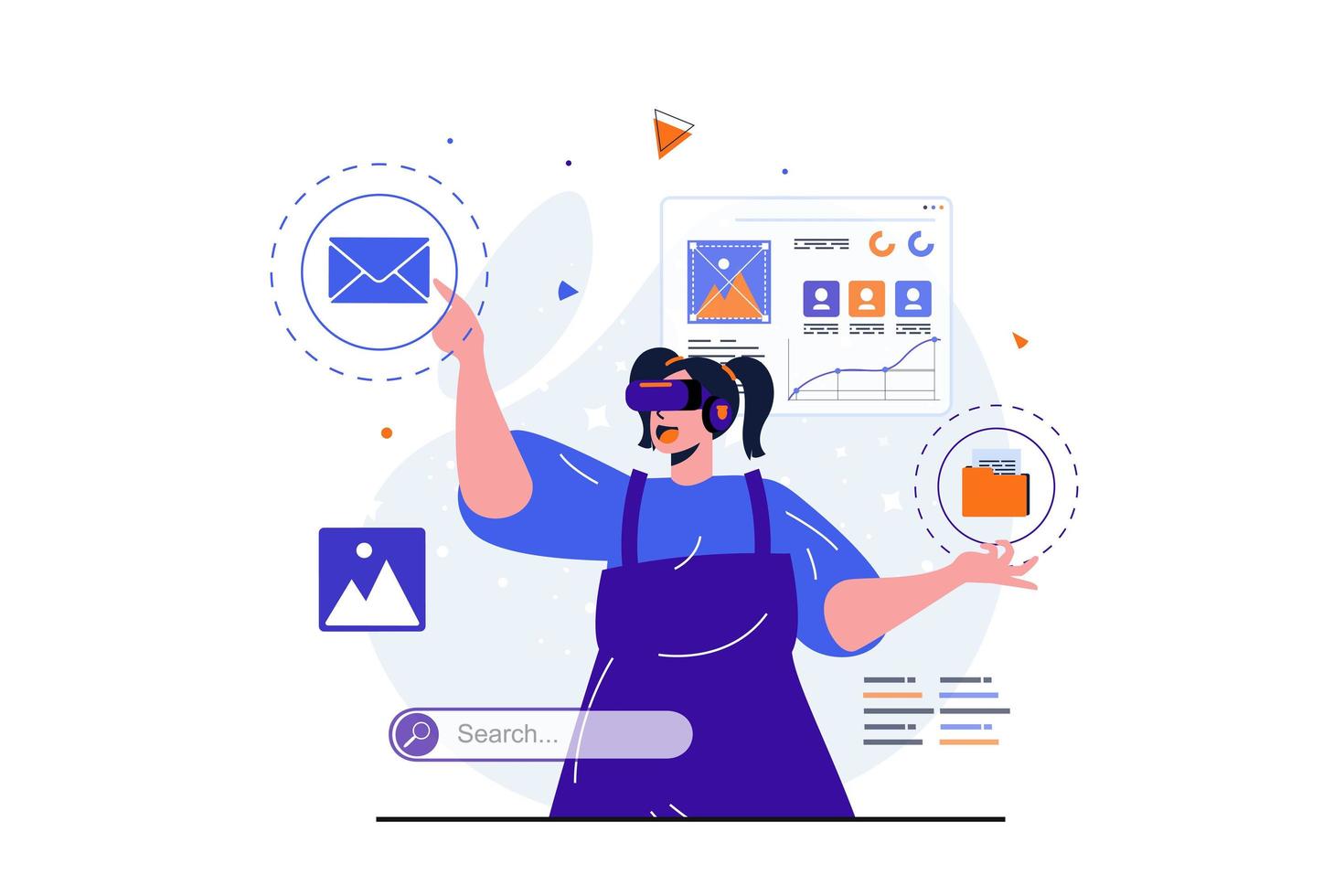 concepto plano moderno del ciberespacio para el diseño de banner web. mujer feliz con gafas vr tocando botones e interactuando con carpetas en un tablero simulado. ilustración vectorial con escena de personas aisladas vector