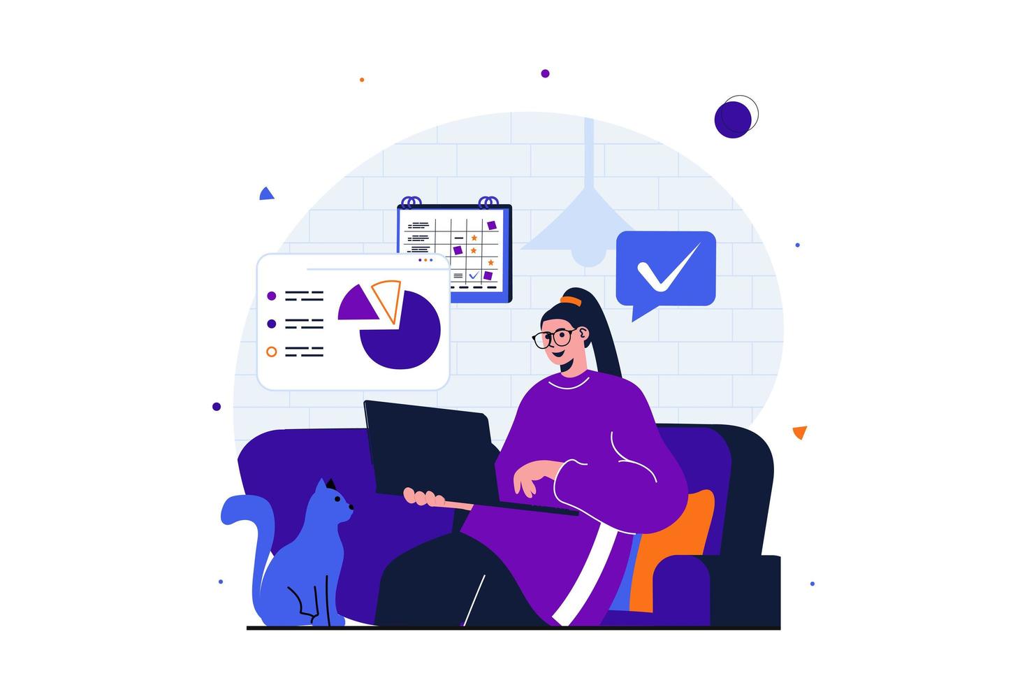 Freelance working modern flat concept for web banner design. Woman manager works remotely, completes tasks before deadline while sitting in living room. Vector illustration with isolated people scene