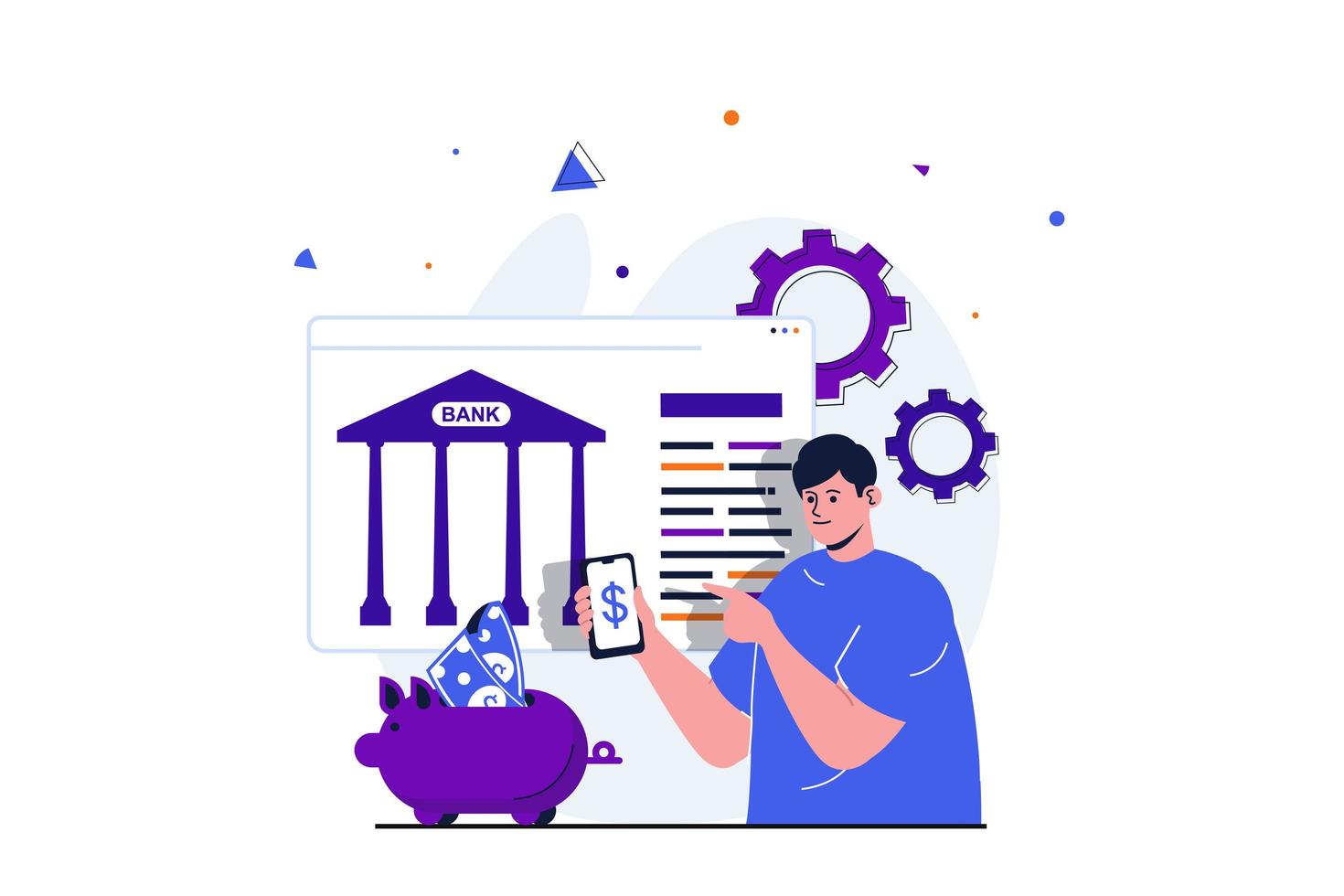 Mobile banking modern flat concept for web banner design. Man uses bank services to manage money budget and accumulate savings in personal account. Vector illustration with isolated people scene