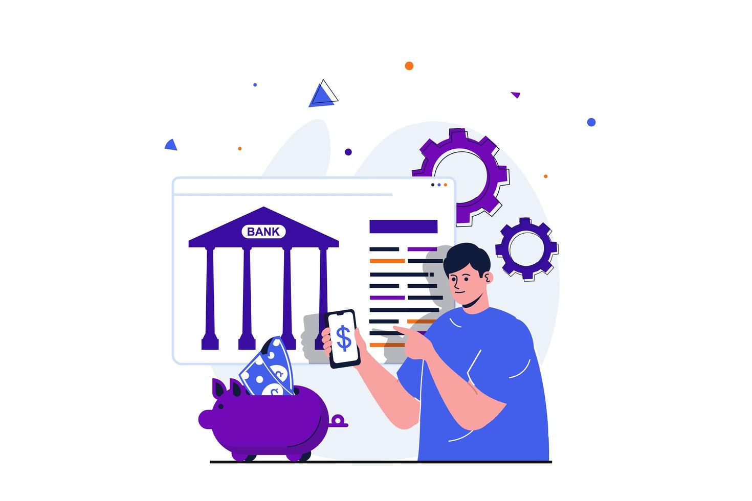 concepto plano moderno de banca móvil para diseño de banner web. el hombre usa los servicios bancarios para administrar el presupuesto de dinero y acumular ahorros en la cuenta personal. ilustración vectorial con escena de personas aisladas vector