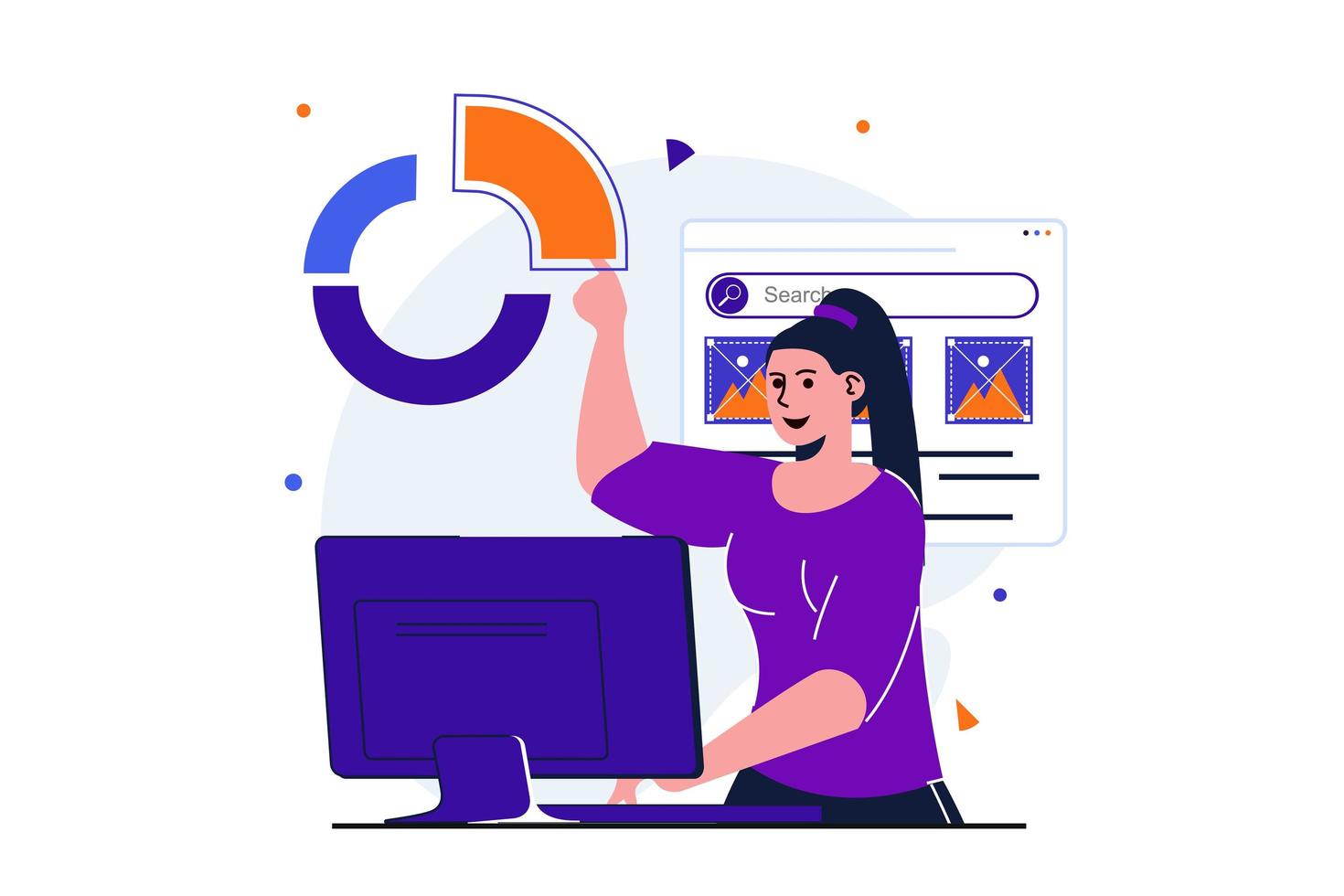 Seo analysis modern flat concept for web banner design. Woman analyzes data and works at computer, promotes site in search results and increases traffic. Vector illustration with isolated people scene