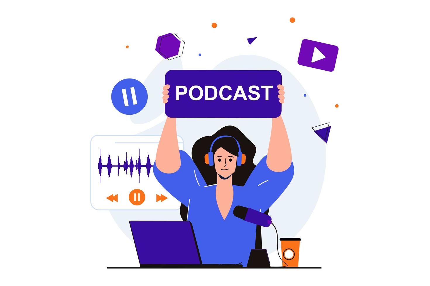 Podcast streaming modern flat concept for web banner design. Woman in headphones records audio podcast and works on laptop in studio. DJ works on radio. Vector illustration with isolated people scene