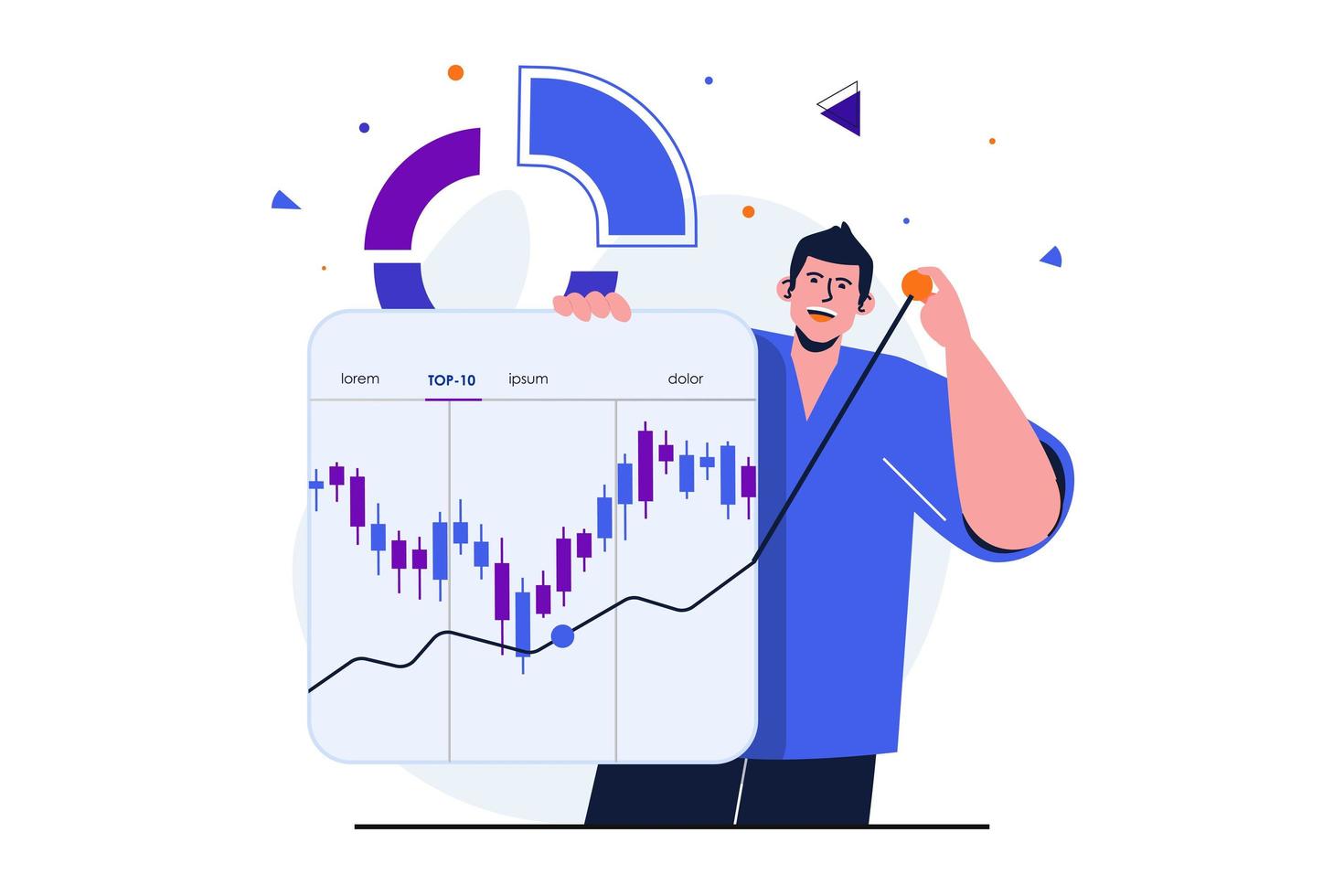 Stock market modern flat concept for web banner design. Male broker analyzes financial statistics of market, buys or sells, increases income, trading. Vector illustration with isolated people scene