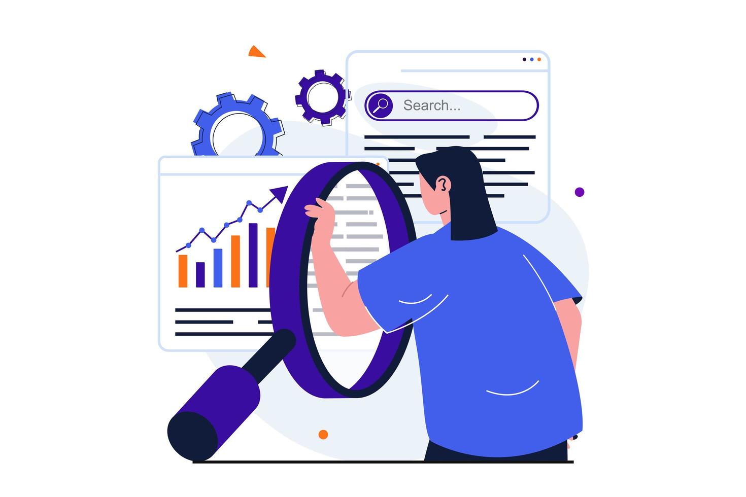 Seo analysis modern flat concept for web banner design. Woman with magnifier studies data of search queries on charts, optimizes and promotes sites. Vector illustration with isolated people scene