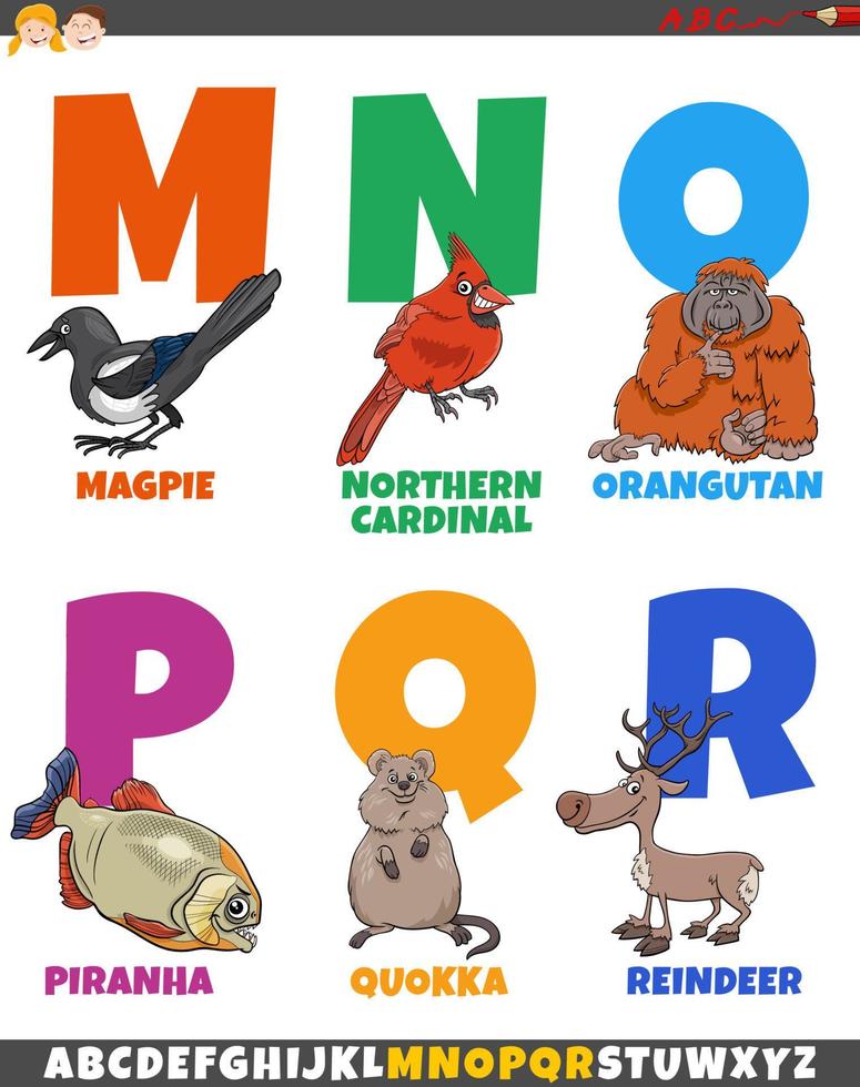 educational alphabet set with cartoon animal characters vector