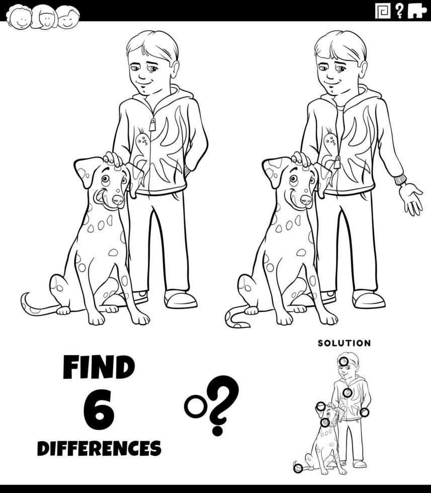 differences game with boy and his dog coloring book page vector