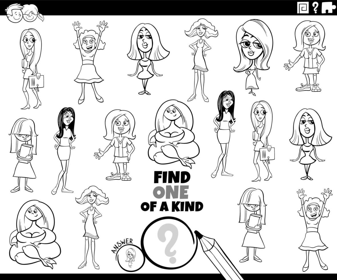 one of a kind task with cartoon women coloring book page vector