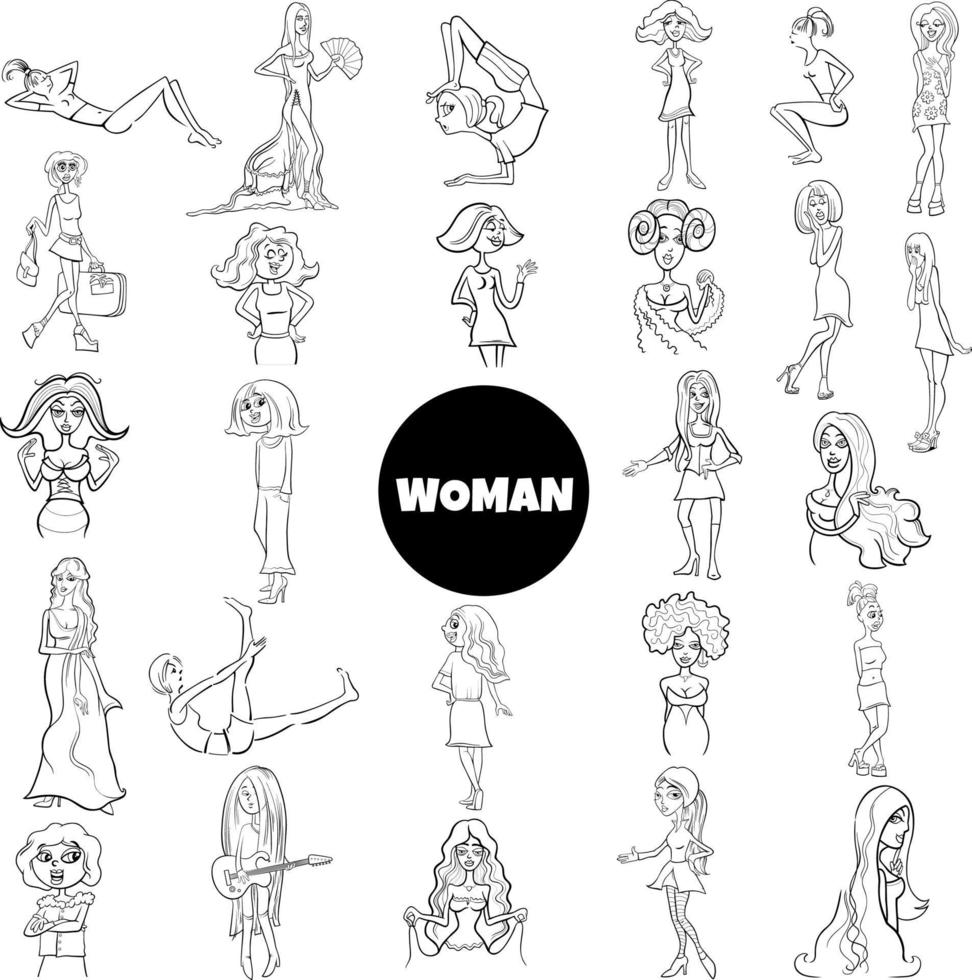 black and white cartoon women and girls characters big set vector