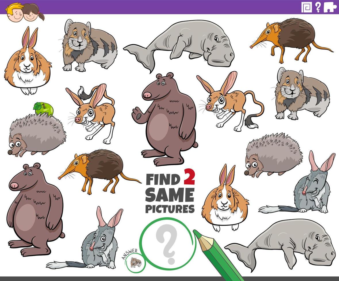 encuentra dos mismos animales salvajes cómicos juego educativo vector