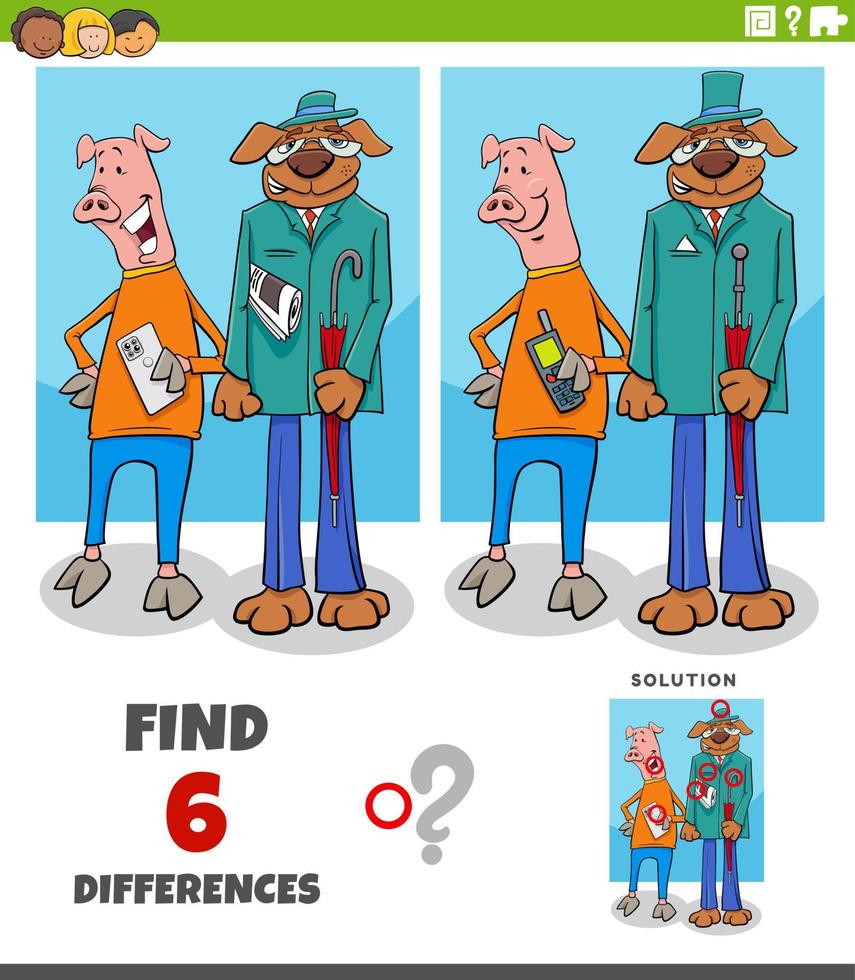 differences game with cartoon dog and pig characters vector