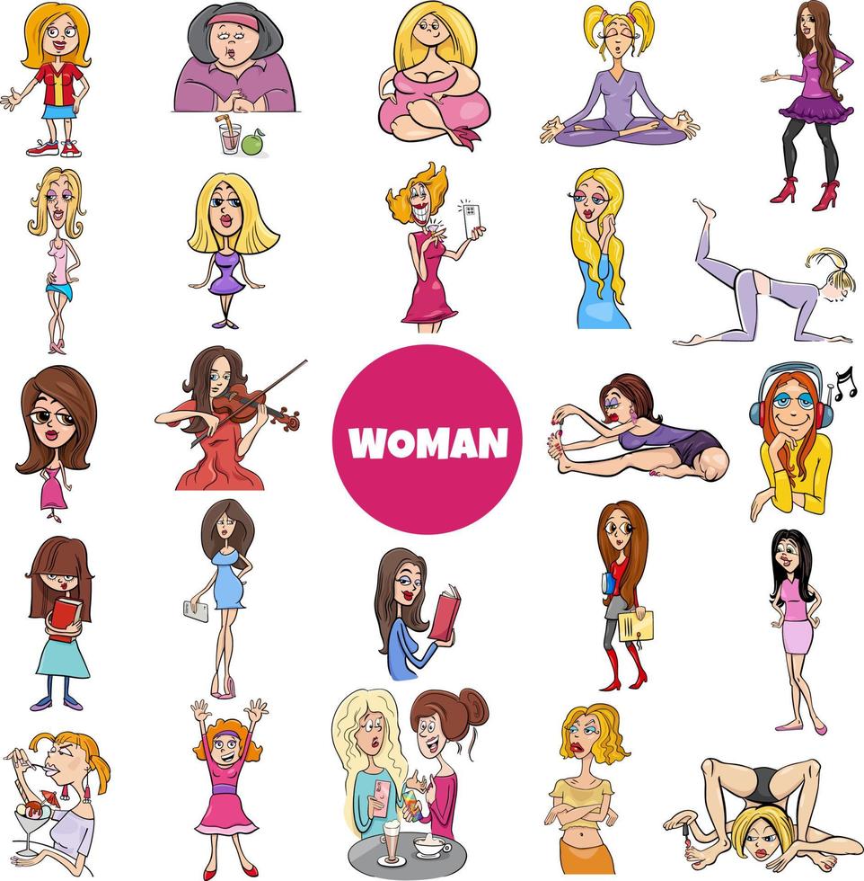 cartoon women and girls characters big set vector