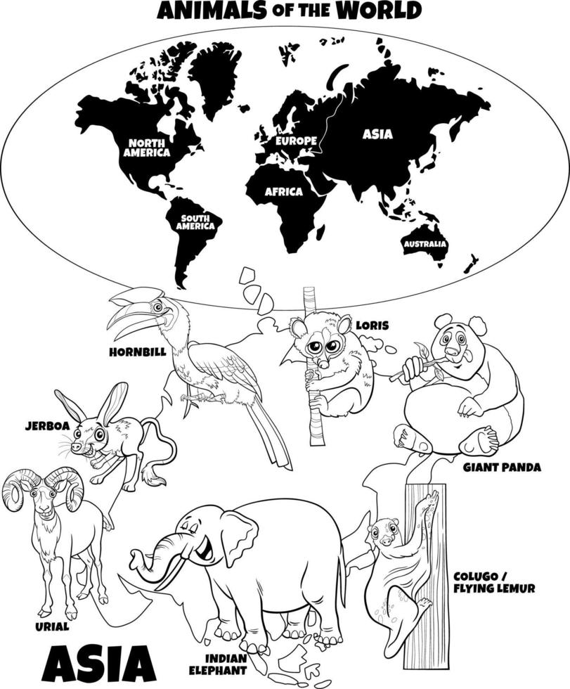 educational illustration with cartoon Asian animals color book page vector