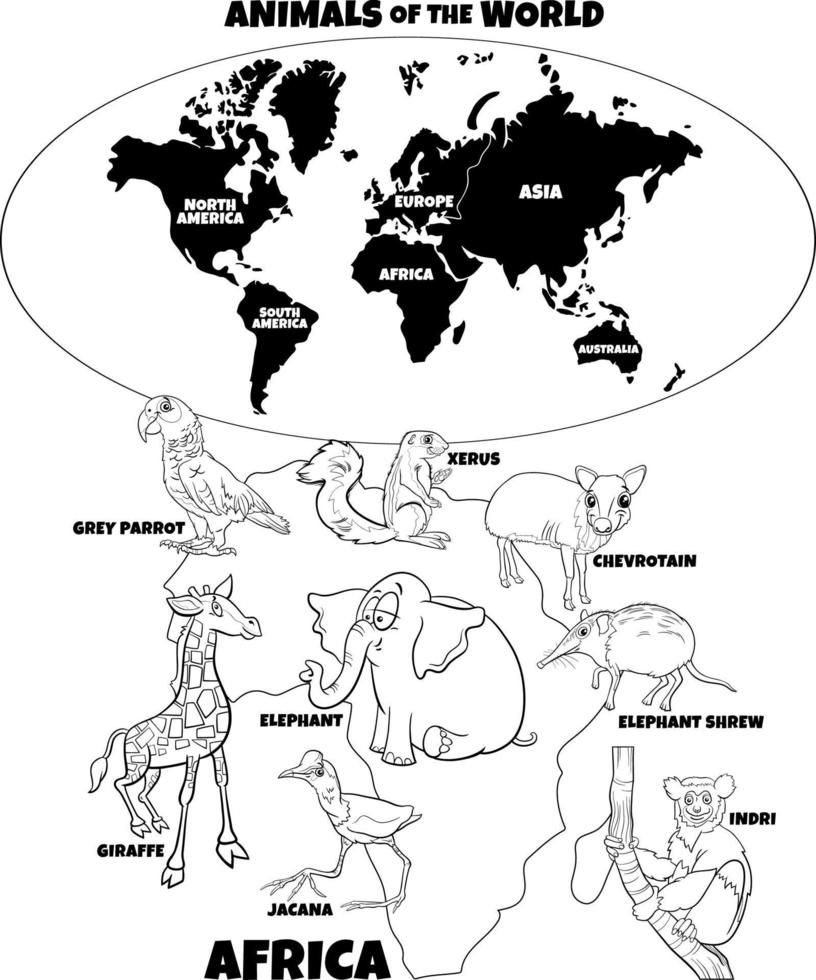 educational illustration with African animals coloring book page vector